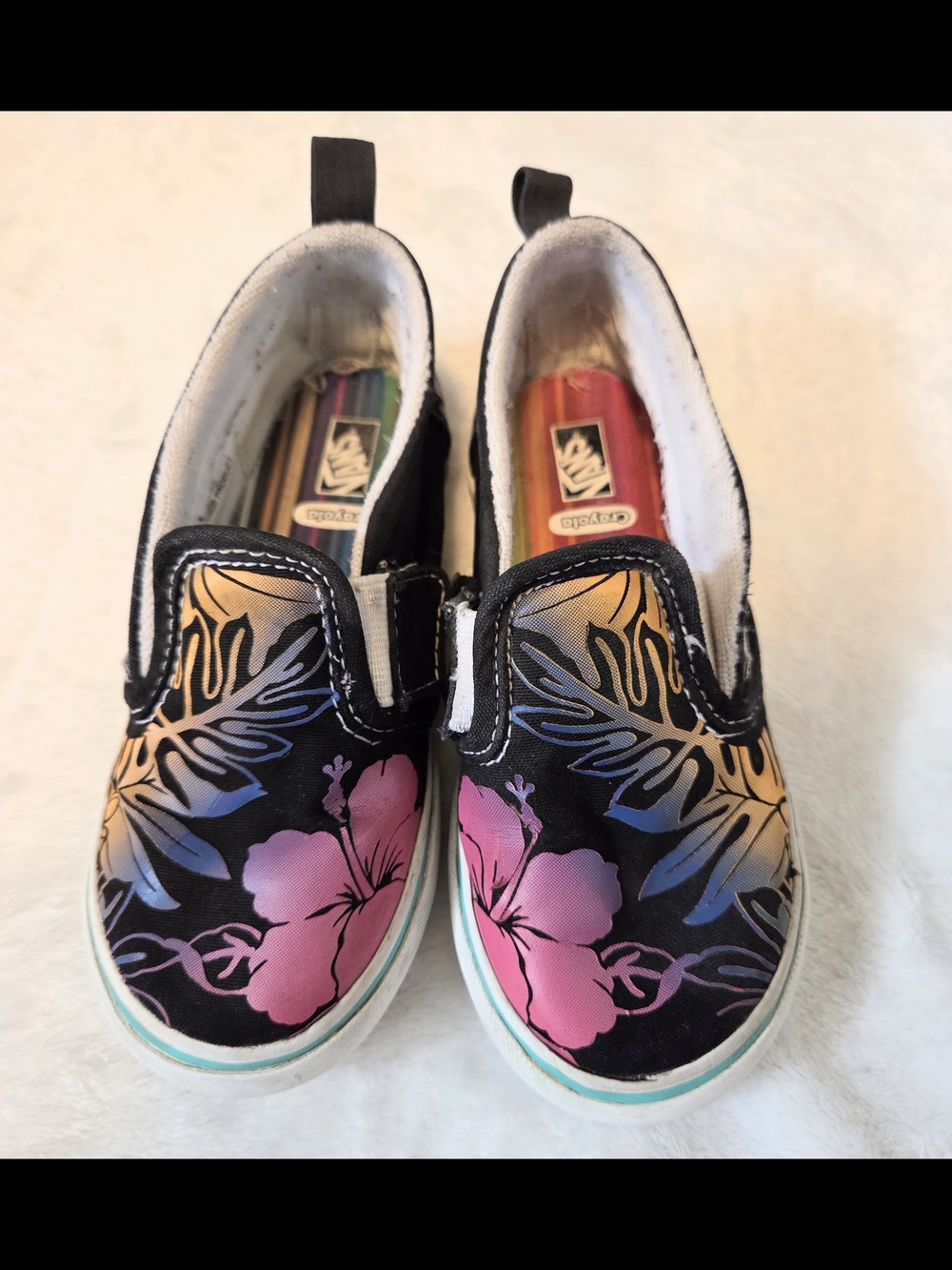 Vans Kids Crayola 10T Black Slip-On Velcro Sneakers Colourful Floral Design
